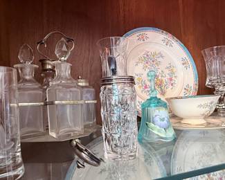 Art deco-style continental silver shaker.  Vintage Fenton Hand-painted Green Blue Bell.  Blue Tree Lenox Dinner Plate 
