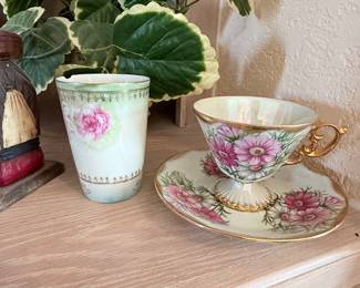 Ucagco Iridescent Lusterware September Aster Tea Cup Saucer Set Vintage 