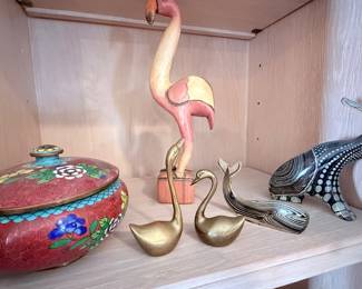 Vintage cloisonne bowl with lid. Brass swan figurines. Abraham Palatnik Lucite Elephant Sculpture .