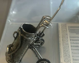 Lot 20: Sterling Silver Handmade Golf Pull Cart With Three Clubs