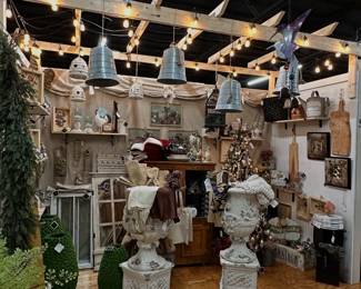 Antique White 1960's wooden Windows, Square Mirrors, Christmas Oversized Bells, Candle Holders, Holiday Beautiful Accessories.
