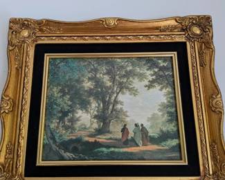 Road to Emmaus print after Robert Zünd, forest landscape. Ornate gold gilt frame with black velvet liner. Classic religious art.