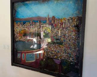 Large original painting on a vintage window frame of the San Francisco skyline by a local SF artist. One-of-a-kind statement art.