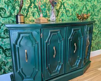 Painted emerald green sideboard/buffet cabinet with brass pulls. Vintage Hollywood Regency style, great storage.