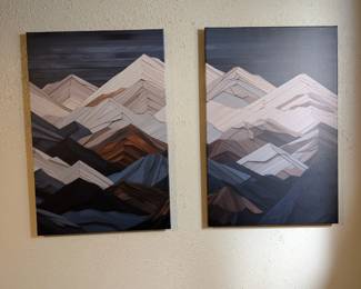 Modern abstract mountain canvas wall art, navy, cream and brown geometric design. Rustic mountain decor set.