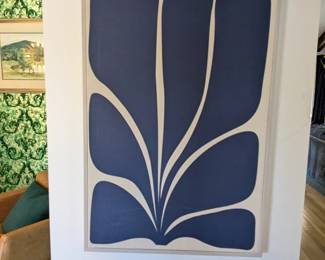 Large Matisse-inspired abstract botanical print in navy and cream. Framed modern wall art.