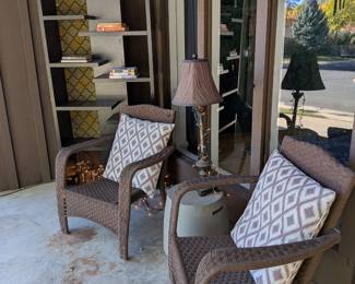Brown wicker patio chairs (pair) with concrete side table. Outdoor furniture set of 3.