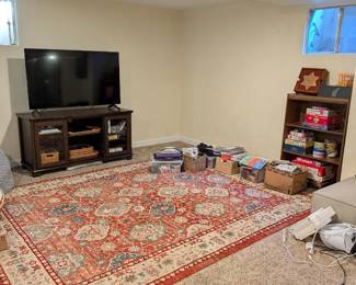 Sony 55" Bravia XR 4K TV (XR-55X90J). Dark wood media center with glass doors. Lauren Ralph Lauren red and blue traditional area rug. Board games and puzzles: Azul, Mastermind, Apples to Apples, Sorry!, Five Crowns, Springbok and Chinese checkers.