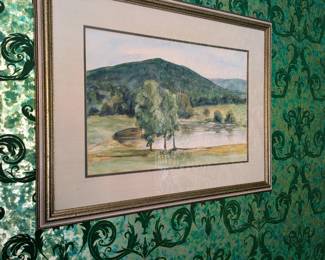 Original framed watercolor landscape by H. Stoher. Matted with gold frame.
