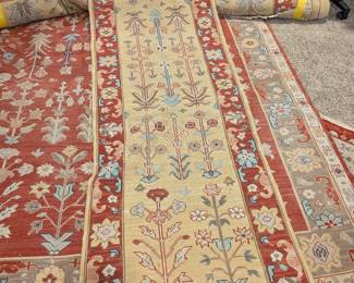 Kilim flatweave rugs and runner (Azari Rug Gallery). Red and gold tree-of-life floral designs, wool.