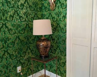 Vintage ginger jar table lamp with leopard and tiger print, brass accents. Brass and glass tile accent table.