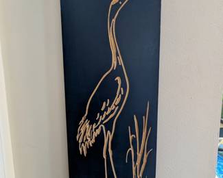 Carved wood heron/crane wall art, navy and gold. Asian-inspired decor.