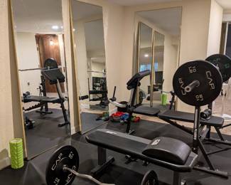 Flybird adjustable weight bench with leg attachment, plus Fitness Gear flat bench. CAP 10 lb rubber bumper plates, Olympic bar and EZ curl bar. Rubber-coated dumbbells, gym floor mats and foam roller. Three tall gold-framed standing mirrors.