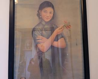 Vintage Shanghai cigarette advertising poster (Matamen), woman in blue qipao holding flowers. Framed Asian art.