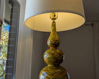 Mid-century drip glaze ceramic double gourd table lamp, green and gold, brass base, white drum shade.