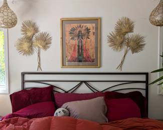 Capiz shell pendant lights, pair, boho. King metal headboard, bronze finish.