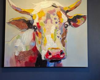Large colorful cow painting on canvas, bold textured brushwork. Modern farmhouse/pop art statement piece.