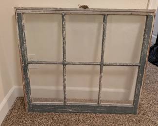 Vintage reclaimed 6-pane window frame, chippy blue-gray paint. Farmhouse wall decor.