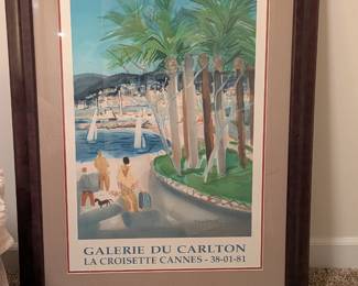 Framed Pierre Gaillardot exhibition poster, Galerie du Carlton, Cannes. French Riviera watercolor with palm trees and sailboats. Matted, wood frame.