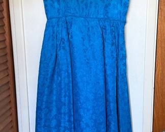 Vintage sleeveless blue floral damask and satin midi or floor-length dress