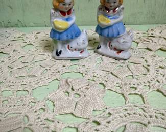 Japan Ceramic Girl & Chickens Pair