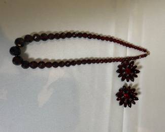 Deep red glass bead necklace earrings set