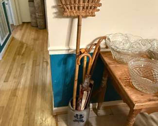 Vintage broom/ stone crock