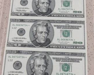 Uncut Sheet of $20.00 Star Notes