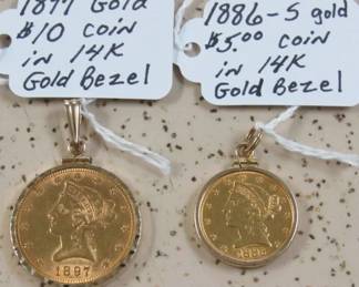 1897 Gold $10 Coin in 14K Bezel - 1886-S Gold $5 Coin in 14K Bezel