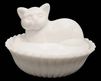 Westmoreland Milk Glass Cat On Basket