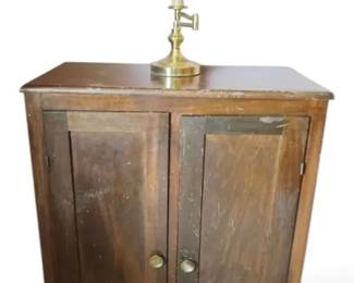 Distressed 2 Door Wood Cabinet With Brass Lamp