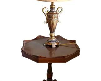 20th Century 4Legged Wooden Pie Crust Side Table W Antique Lamp