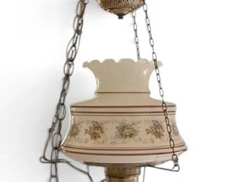 Vintage Floral Hanging Chain Parlor Light Milk Glass