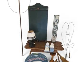 Rustic Primitive Style Decor Rug Beaters, Wood Bench, Rake, More