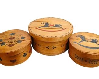 3 Shaker Style Round Bentwood Stenciled Storage Boxes