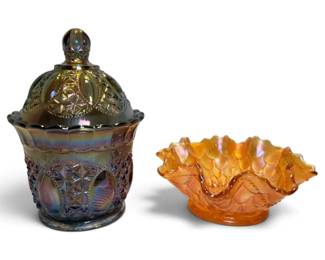 Imperial Glass Company Purple Glass Candy Jar Orange Ruffled Bowl