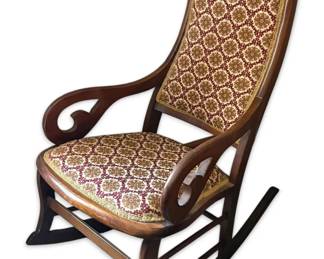 Antique Wooden Rocking Chair W Tapestry Cloth Seat