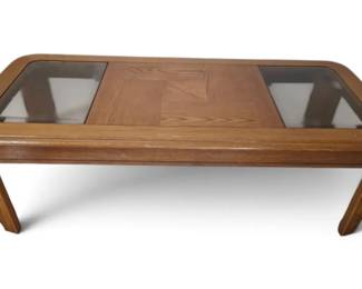Vintage 90s Wood Glass Coffee Table With Brass Accents On Legs