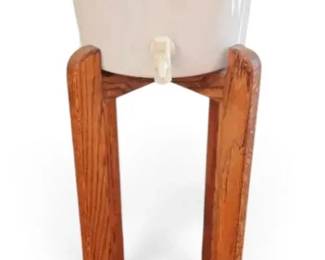 White Ceramic Blue Stripe Water Crock On Wood Stand