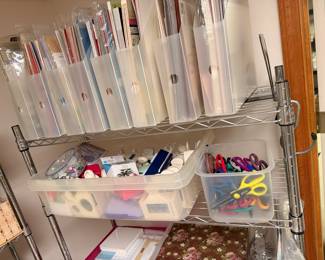craft supplies, scissors, stamps, paper