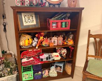 bookshelf and Christmas decor