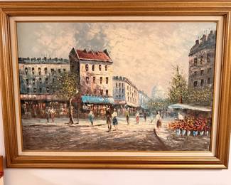 Large Parisian Street Scene Oil Painting in Gilt Frame