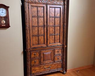 Statement Faux-Bamboo & Burl Wood Entertainment Armoire / Storage Cabinet