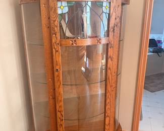 Oak Curved Glass Curio Cabinet with Stained Glass