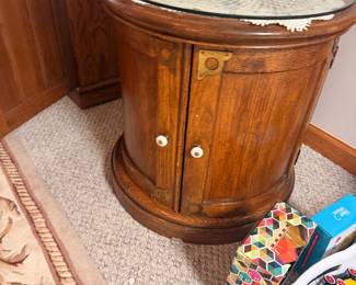round wooden drum-style accent storage cabinet/end table