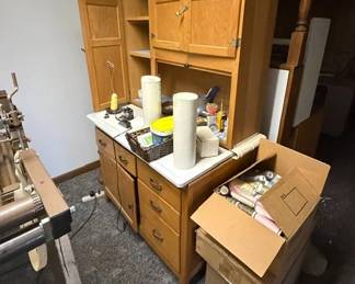 Hoosier cabinet with slag glass in doors. Enamel top.