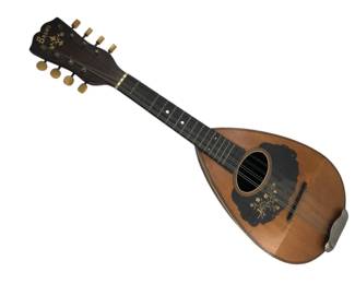 243 - Bruno 8 String Guitar 24"x8"x6" (Description): Bruno 8 string guitar featuring a teardrop-shaped body with decorative pickguard. The instrument measures 24 inches by 8 inches by 6 inches.