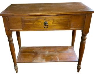 1120 - 1 Drawer Wood Server 37"x40.5"x20.5" (Description): One drawer wood server with lower shelf and turned legs. Features a ring pull drawer handle and traditional styling. Measures 37 inches wide by 40.5 inches tall by 20.5 inches deep.