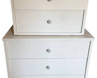 742 - 2pc White Wood Chest 47"x30"x19" (Description): Two-piece white wood chest featuring a stacked design with a two-drawer upper section and a four-drawer lower section. Both pieces feature round knob hardware. The lower section rests on tapered legs. Measures 47 inches high by 30 inches wide by 19inches deep.