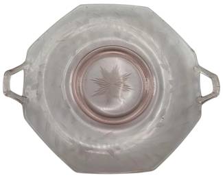 282 - Pink Depression Glass Plate 12" (Description): Pink Depression glass plate featuring two handles and an octagonal shape. The plate measures 12 inches across.